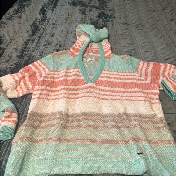 O’Neil Striped V-Neck Hooded Sweater - Mint and Pink with front pocket - Picture 1 of 4